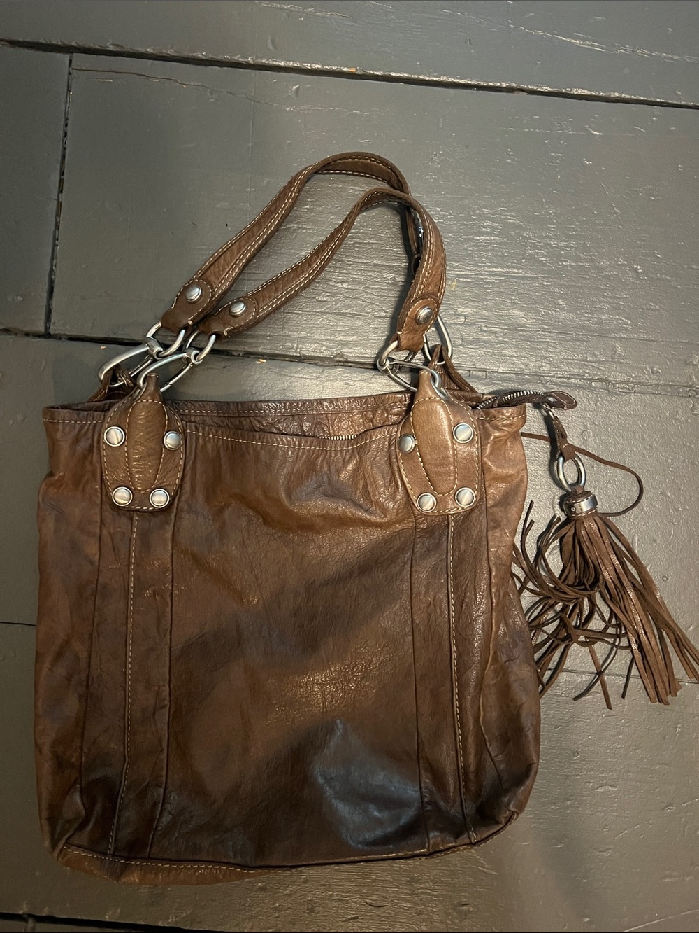 B Makowsky Brown Leather Tote Bag with Tassel